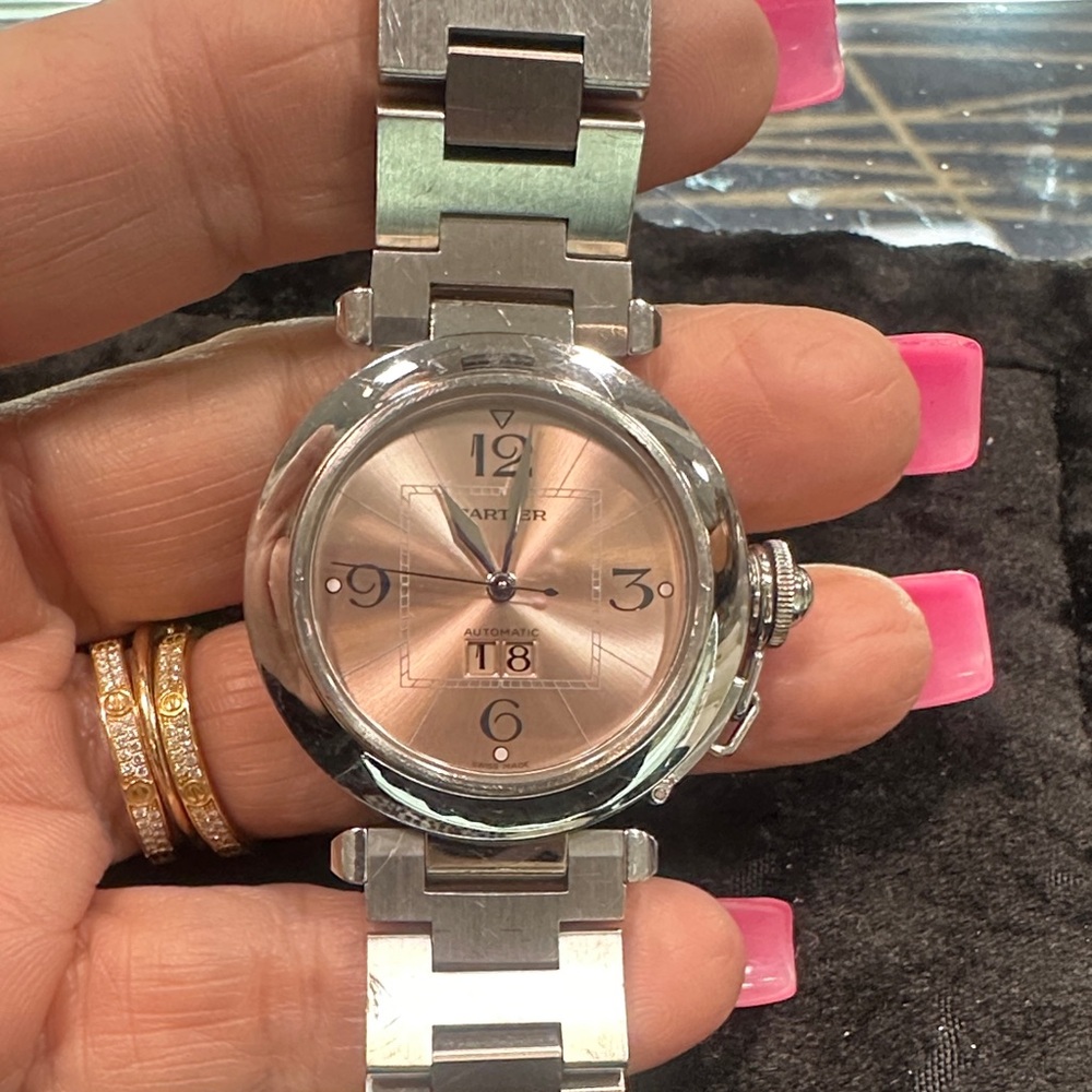 Cartier Stainless Steel Pasha Watch with Pink Dial and calendar.  Automatic